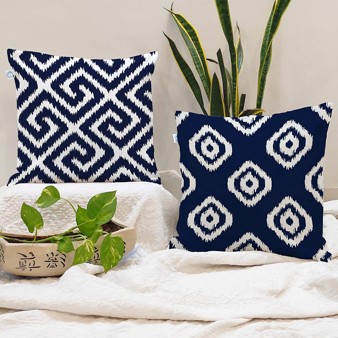 Ikat Blue Geometric Printed Cotton Canvas Cushion Cover Pack of 2 ( 24 x 24 Inches )