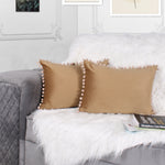 Load image into Gallery viewer, Velvet Cushion Covers Adorned With Pom Poms Rectangular Set of 2 ,Brown