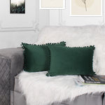 Load image into Gallery viewer, Velvet Cushion Covers Adorned With Pom Poms Rectangular Set of 2 ,Green