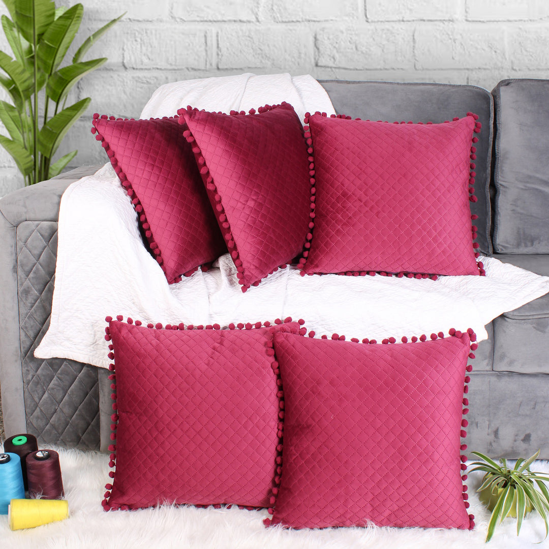 Both Side with PomPom Quilted Velvet Cushion Cover (Set of 5), Maroon