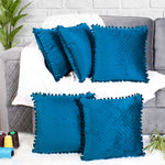 Load image into Gallery viewer, Both Side with PomPom Quilted Velvet Cushion Cover (Set of 5), Blue