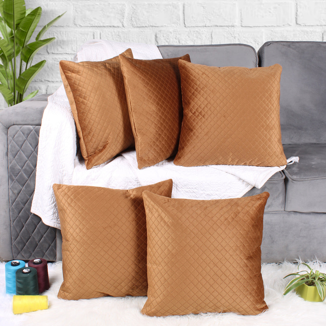Both Side Quilted Velvet Cushion Cover (Set of 5), Brown