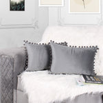 Load image into Gallery viewer, Velvet Cushion Covers Adorned With Pom Poms Rectangular Set of 2 ,Grey