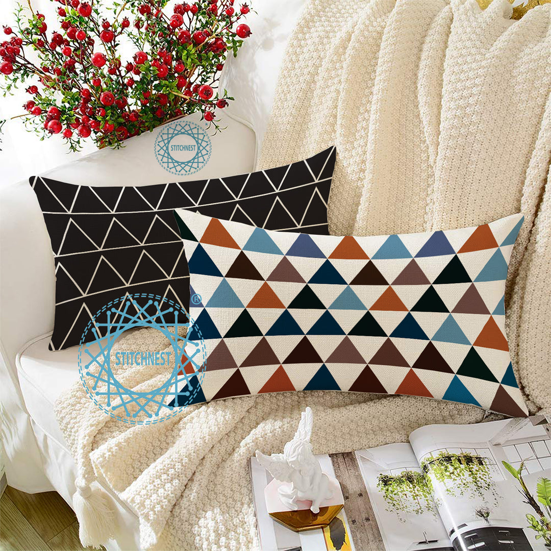 Geometrical Multi color Printed Canvas Cotton Rectangular Cushion Covers, Set of 2 (12 x 18 Inches)