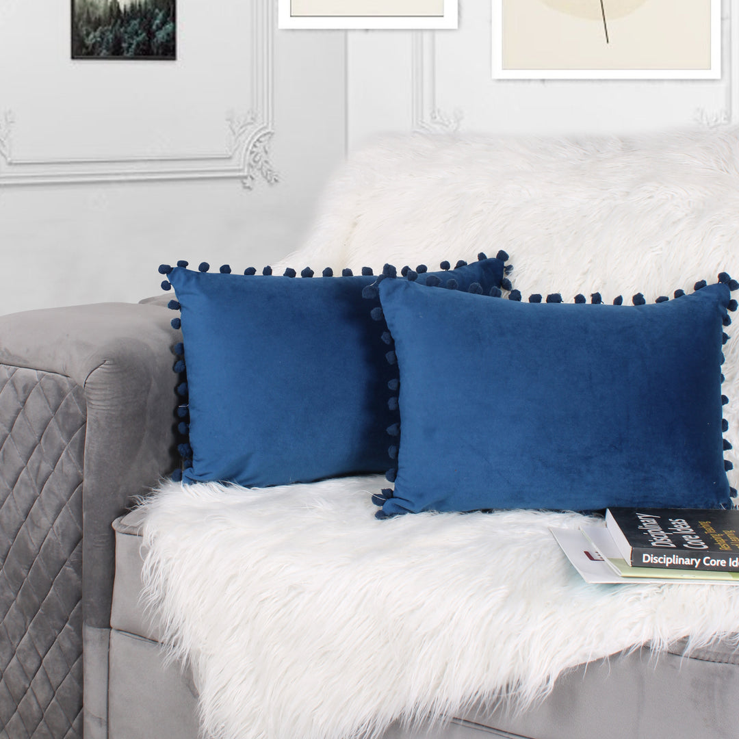 Velvet Cushion Covers Adorned With Pom Poms Rectangular Set of 2 ,Blue