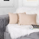Load image into Gallery viewer, Both Side with PomPom Quilted Velvet Rectangular Cushion Cover (Set of 2), Beige