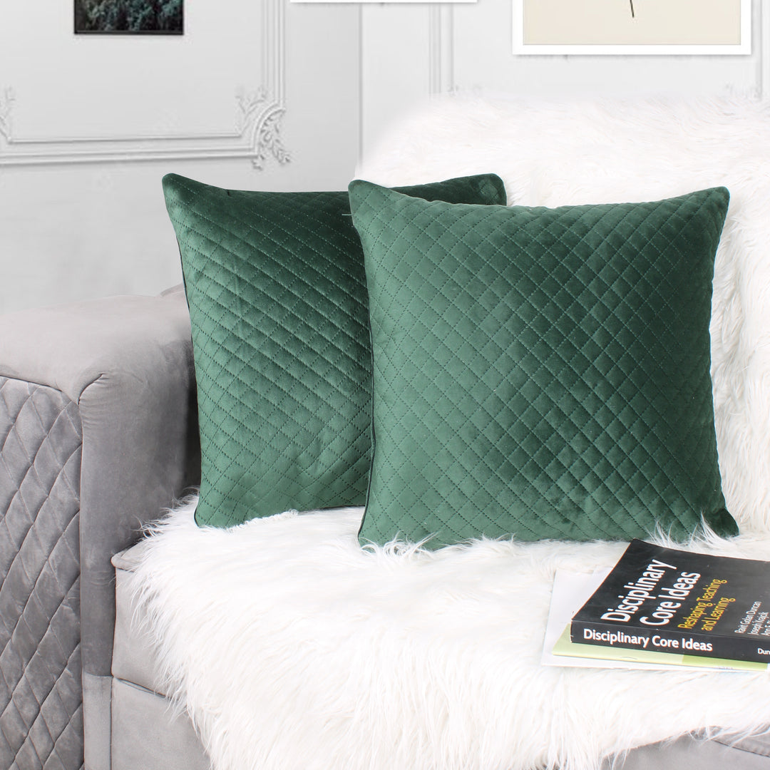 Both Side Quilted Velvet Cushion Cover (Set of 2), Green