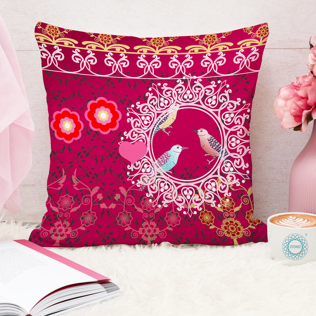 Pink Floral Bird Printed Canvas Cotton Cushion Covers, Set of 5