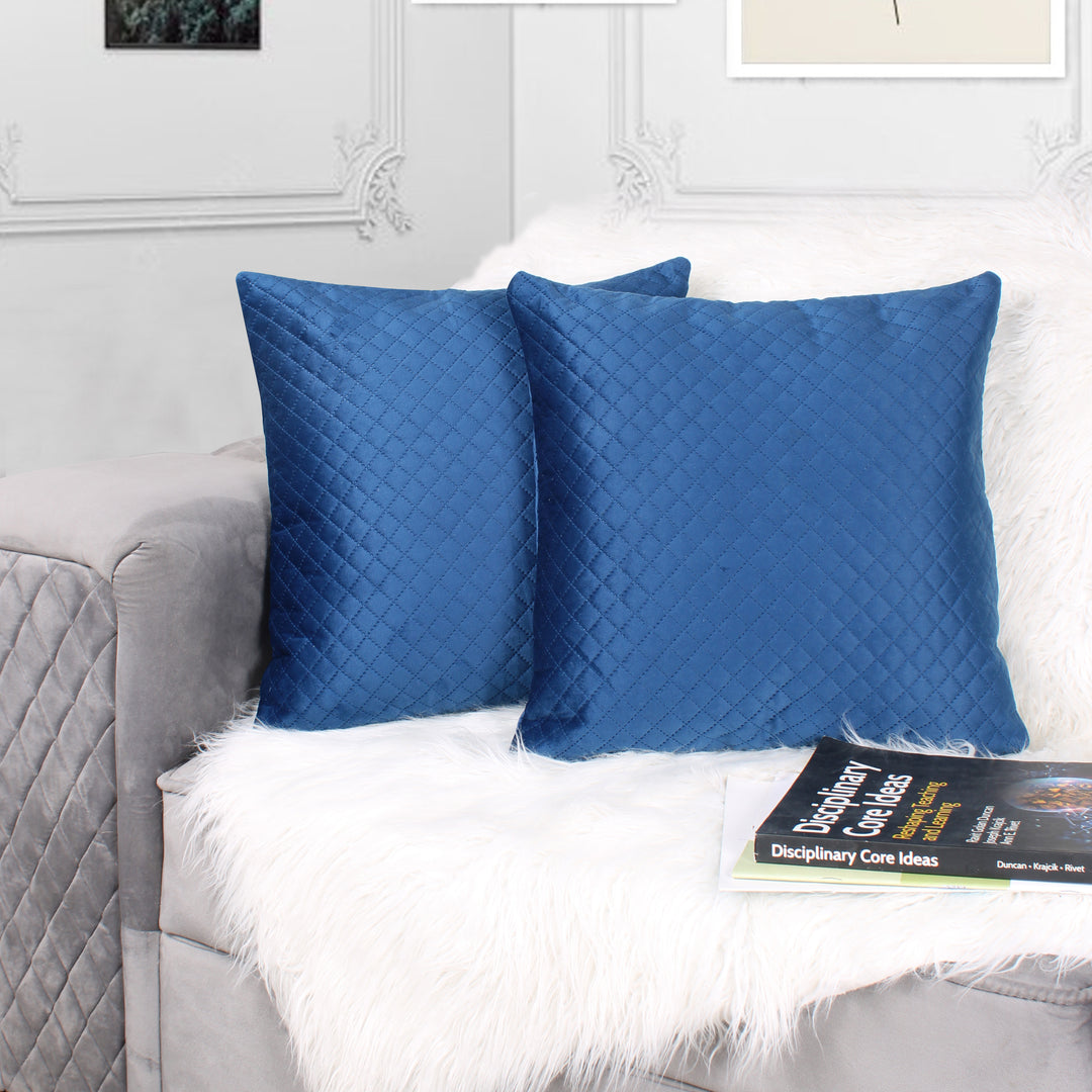 Both Side Quilted Velvet Cushion Cover (Set of 2), Blue