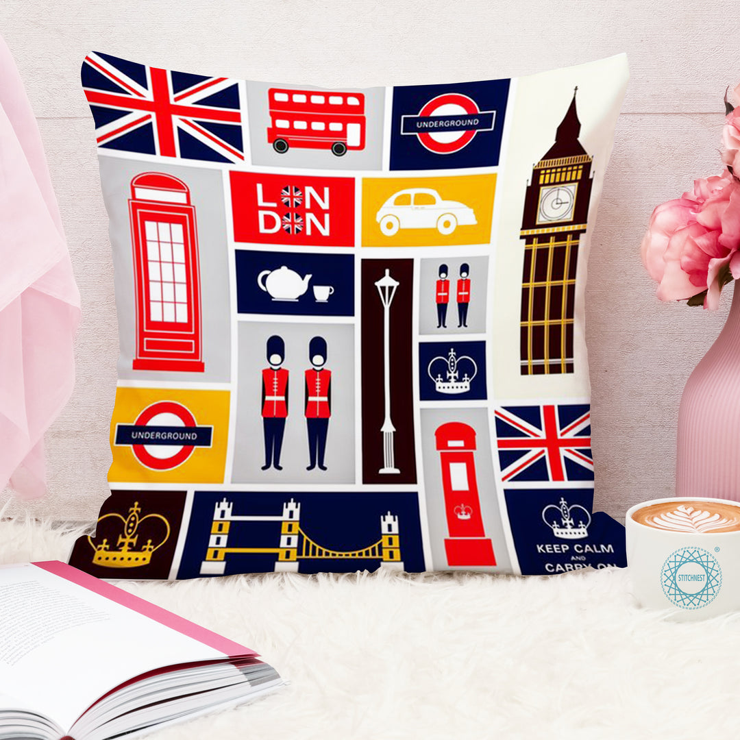 London Landmarks Monuments Art Pattern Touristic Travel Destination Printed Cotton Canvas Cushion Cover Set of 5