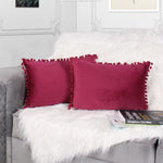 Load image into Gallery viewer, Velvet Cushion Covers Adorned With Pom Poms Rectangular Set of 2 ,Maroon