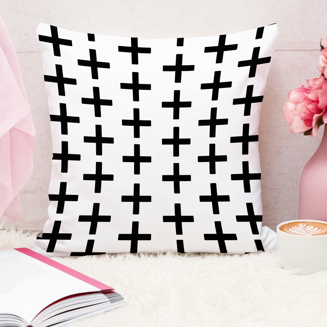 Geometric Black and White Printed Canvas Cotton Cushion Cover, Set of 5