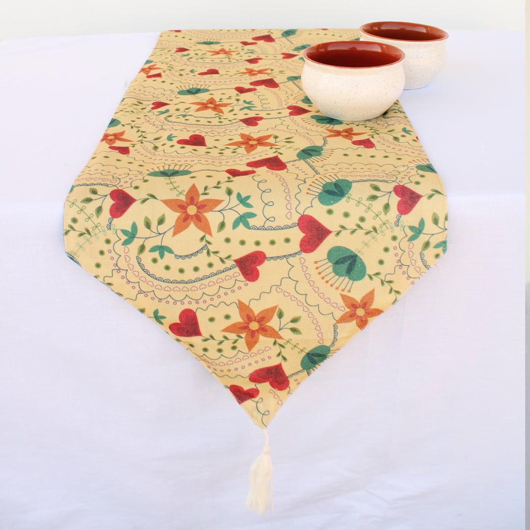 Floral Cotton Canvas Table Runner With Tassel