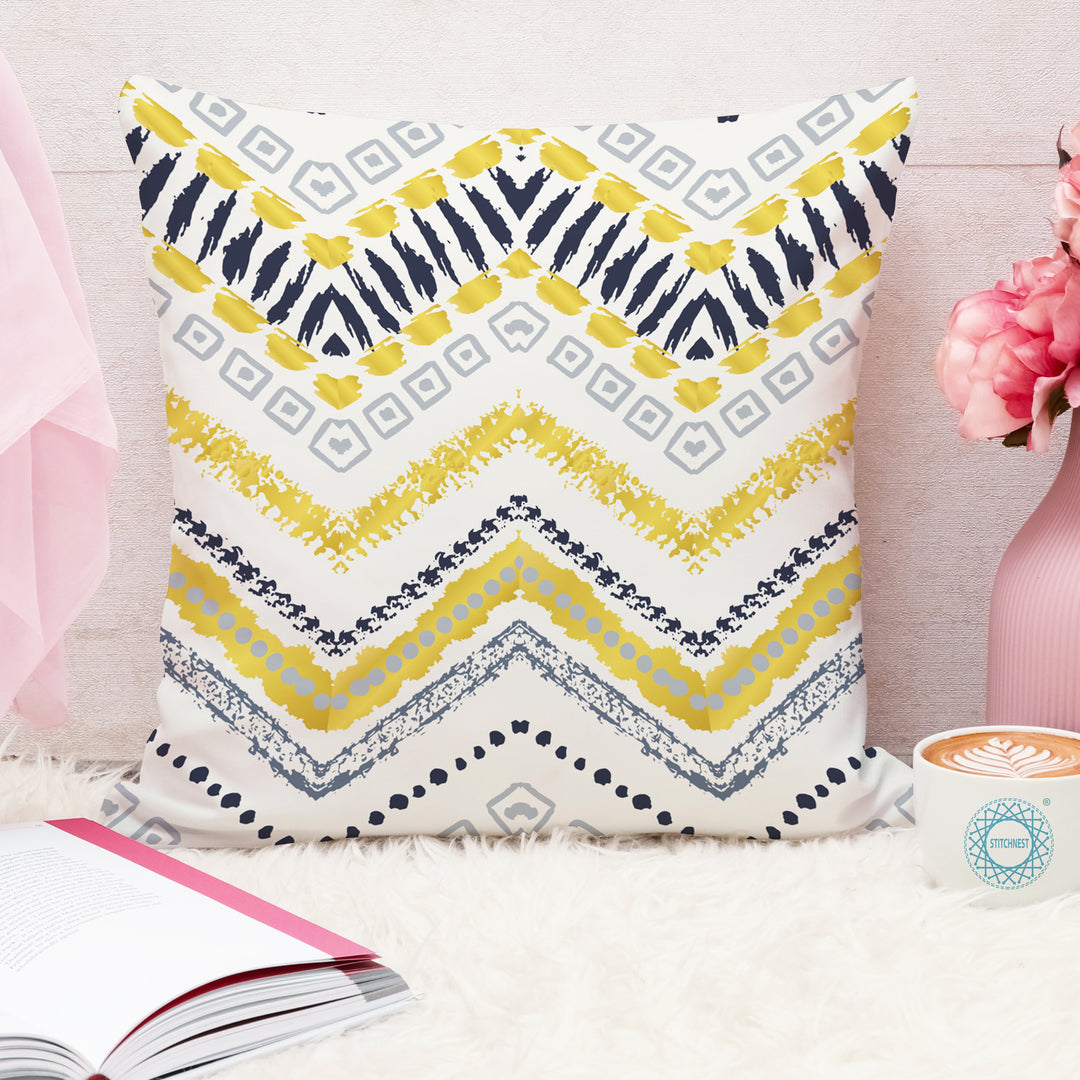Yellow Geometrical Printed Canvas Cotton Cushion Covers, Set of 5
