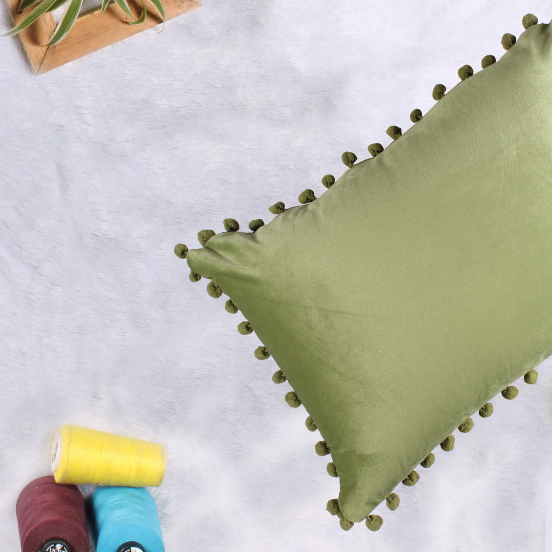 Velvet Cushion Covers Adorned With Pom Poms Rectangular Set of 2 ,Mehndi