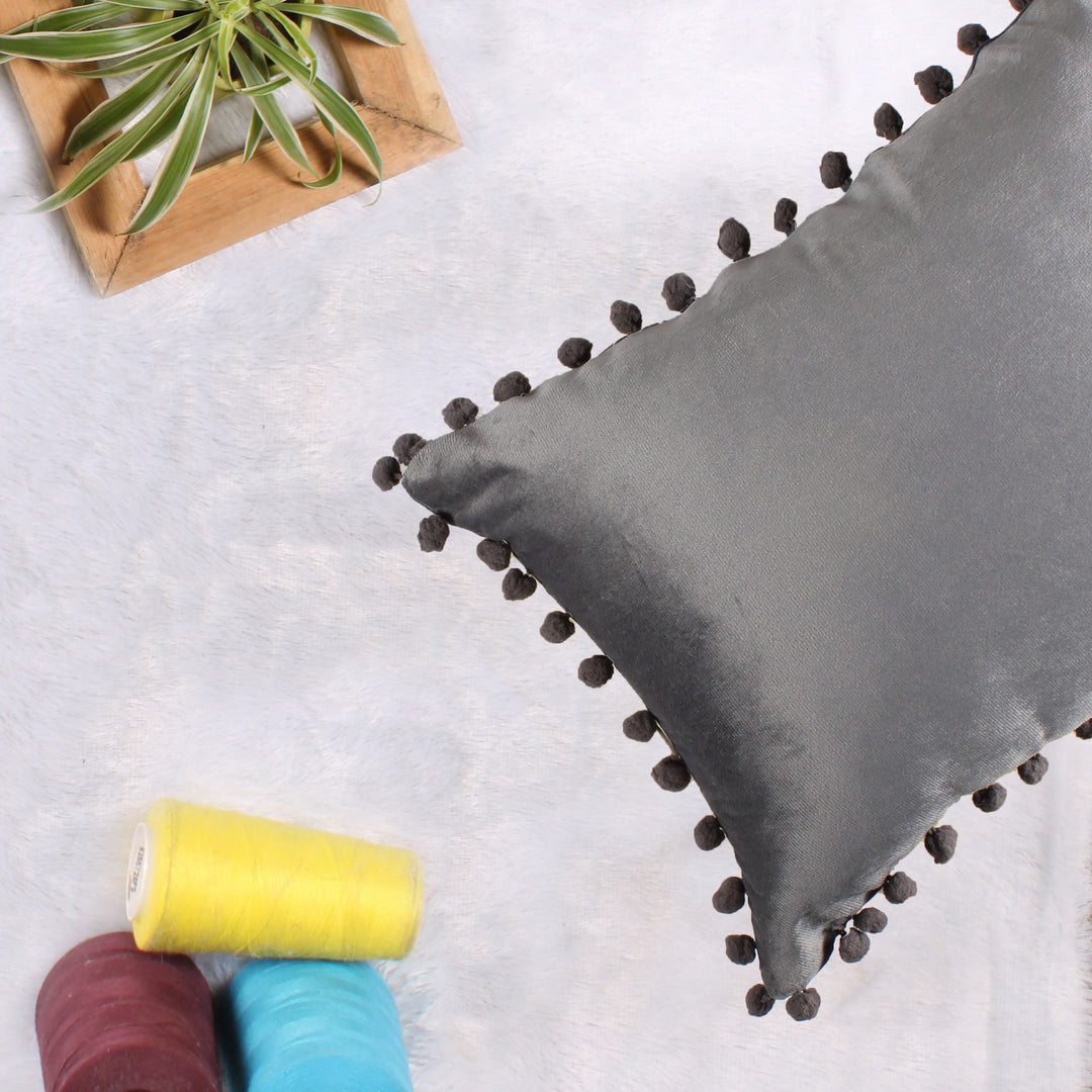 Velvet Cushion Covers Adorned With Pom Poms Rectangular Set of 2 ,Grey