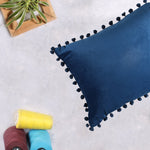Load image into Gallery viewer, Velvet Cushion Covers Adorned With Pom Poms Rectangular Set of 2 ,Blue