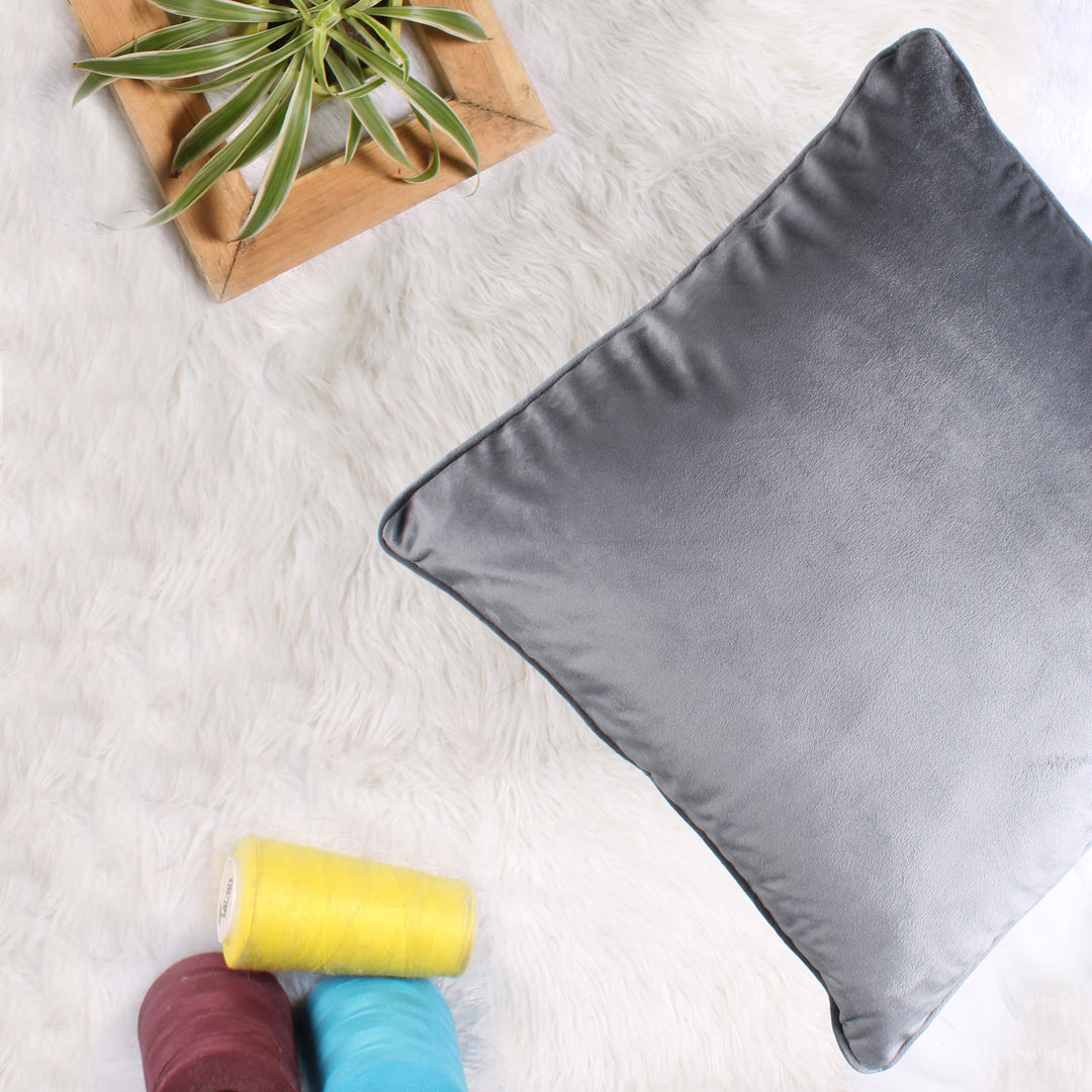 Velvet Cushion Cover With Piping - Perfect for Home Décor (Set of 2), Grey