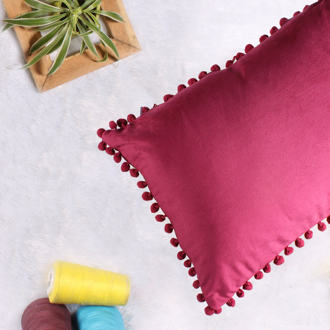 Velvet Cushion Covers Adorned With Pom Poms Rectangular Set of 2 ,Maroon