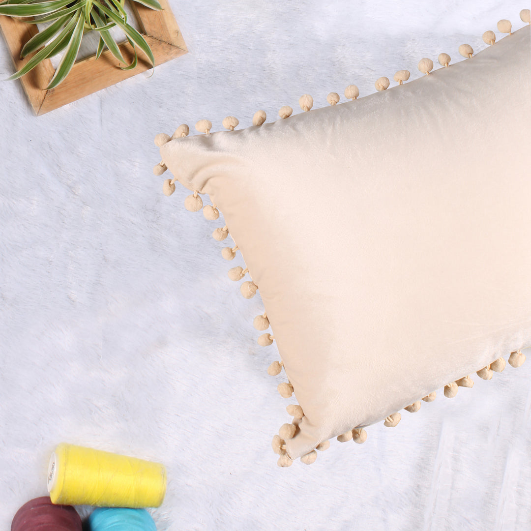 Velvet Cushion Covers Adorned With Pom Poms Rectangular Set of 2 ,Beige