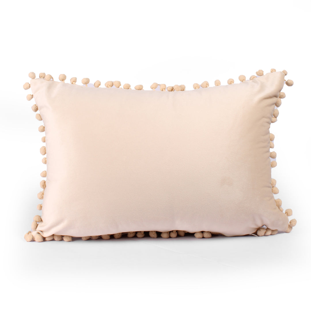 Velvet Cushion Covers Adorned With Pom Poms Rectangular Set of 2 ,Beige