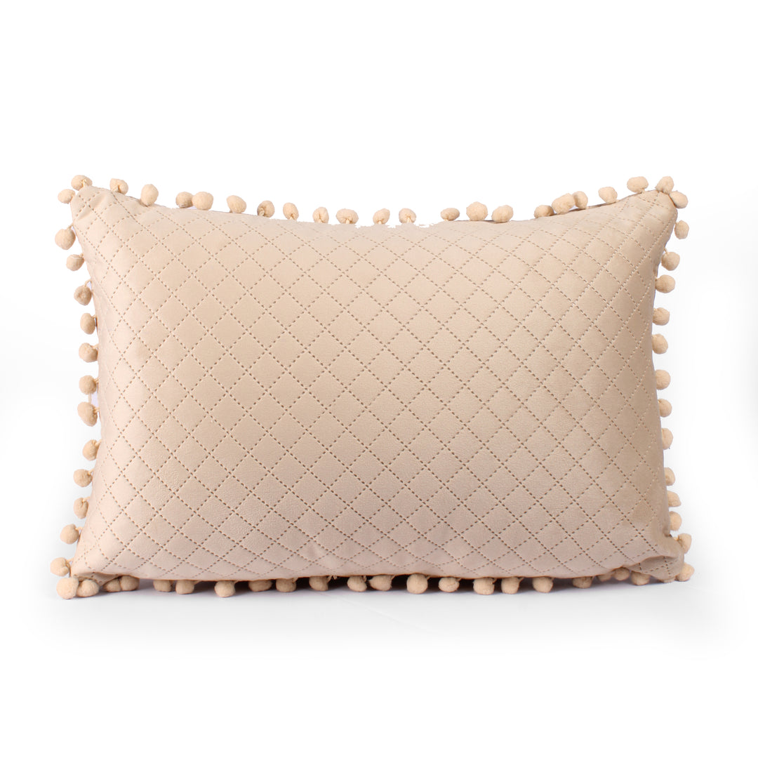 Both Side with PomPom Quilted Velvet Rectangular Cushion Cover (Set of 2), Beige