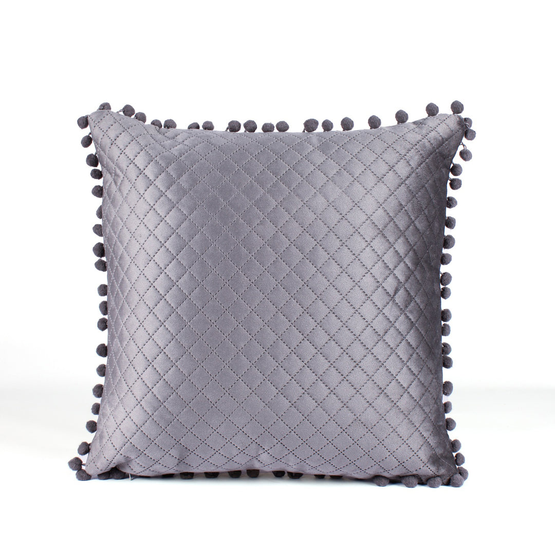 Both Side with PomPom Quilted Velvet Cushion Cover (Set of 2), Grey