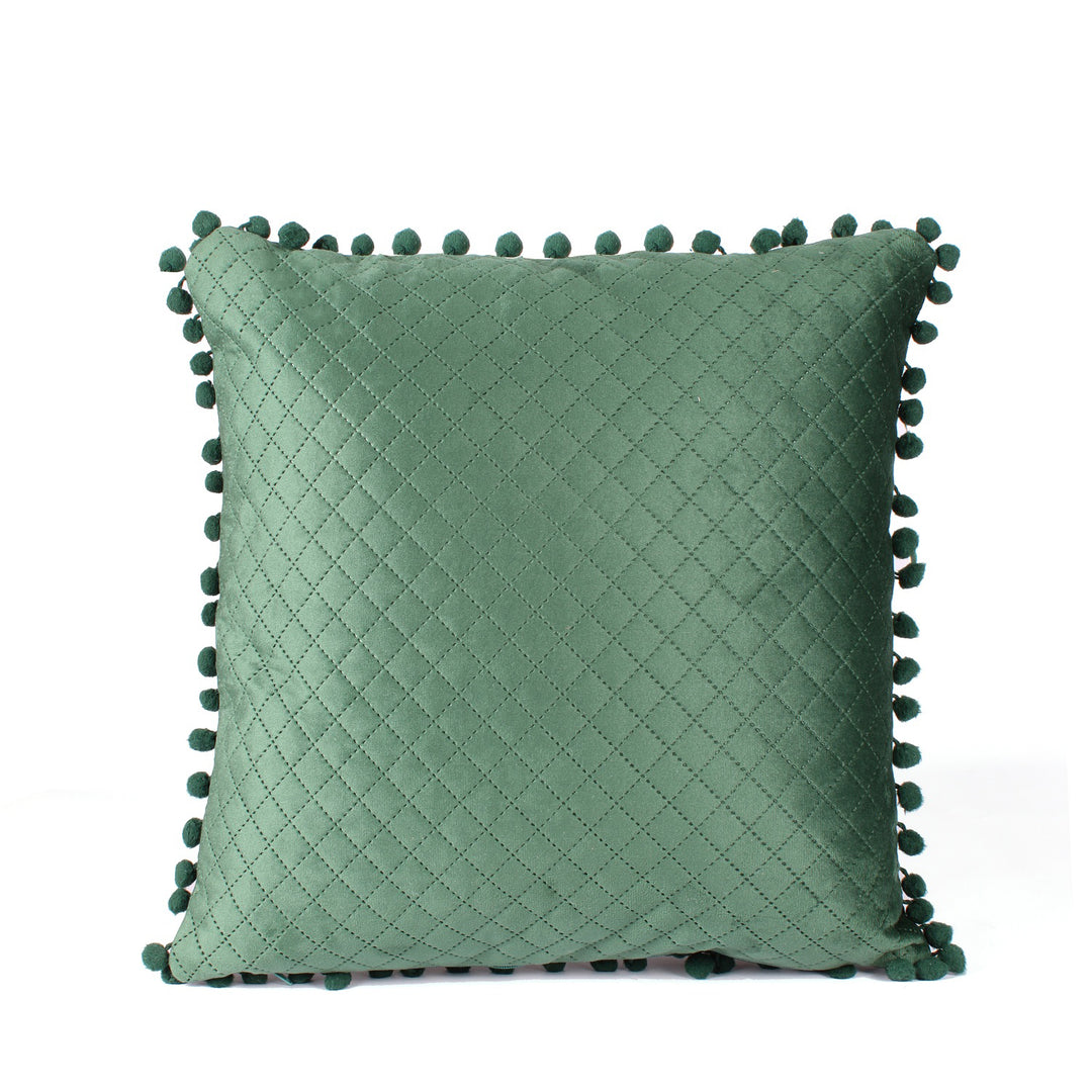 Both Side with PomPom Quilted Velvet Cushion Cover (Set of 2), Green