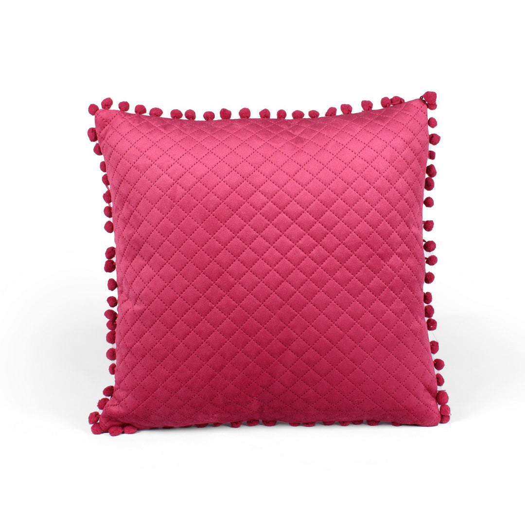 Both Side with PomPom Quilted Velvet Cushion Cover (Set of 2), Maroon