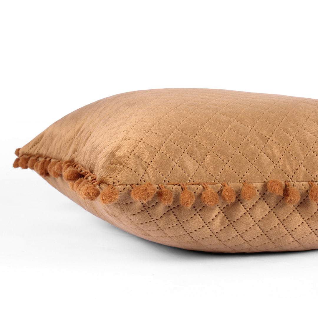Both Side with PomPom Quilted Velvet Rectangular Cushion Cover (Set of 2), Brown