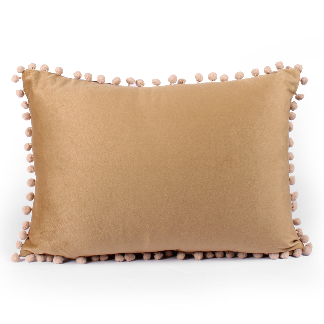 Velvet Cushion Covers Adorned With Pom Poms Rectangular Set of 2 ,Brown