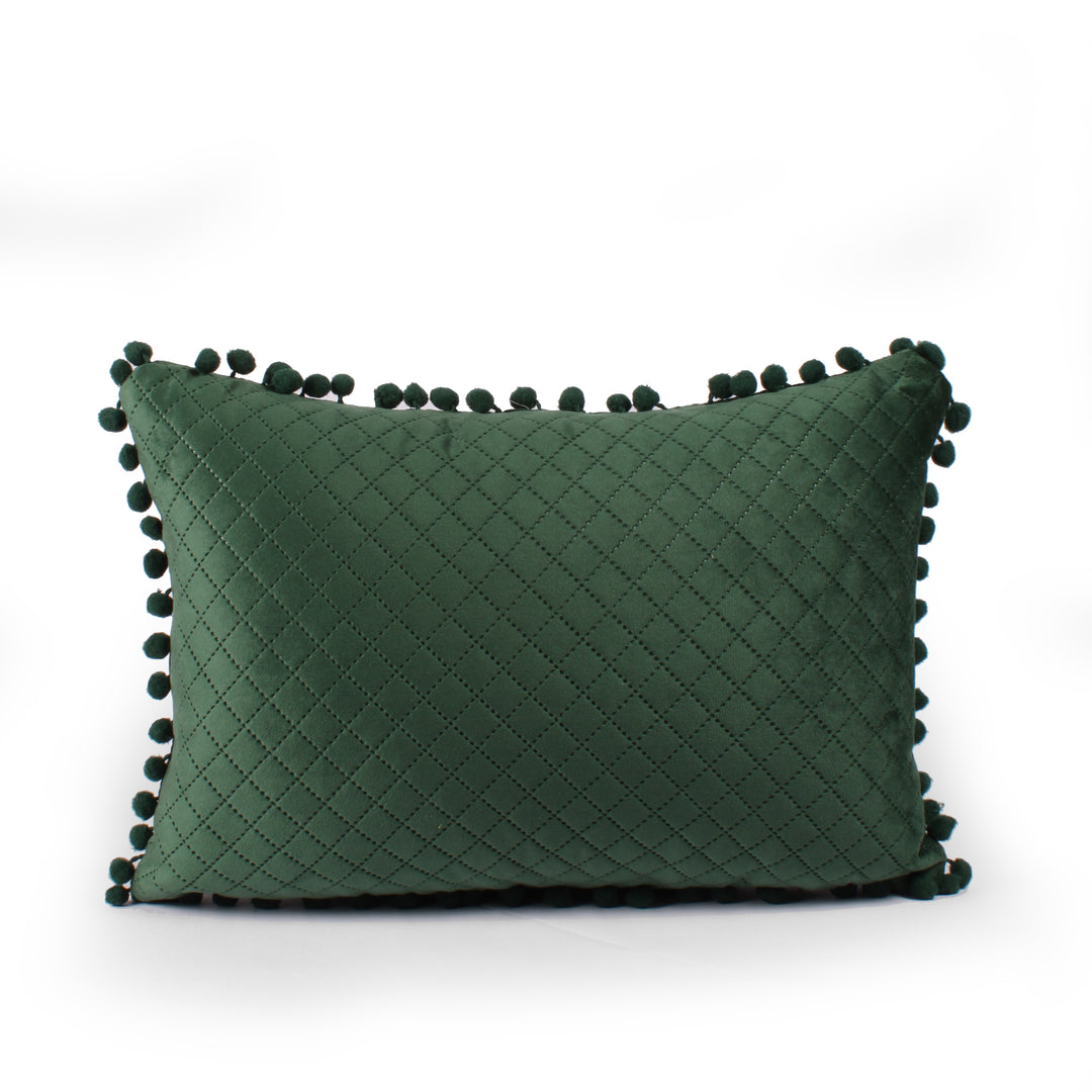 Both Side with PomPom Quilted Velvet Rectangular Cushion Cover (Set of 2), Green