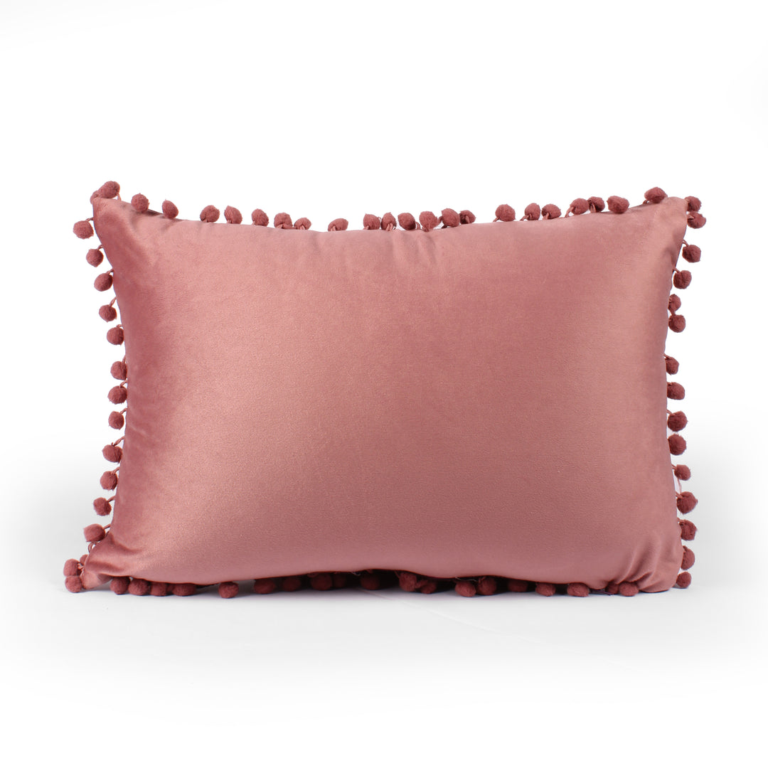 Velvet Cushion Covers Adorned With Pom Poms Rectangular Set of 2 ,Peach
