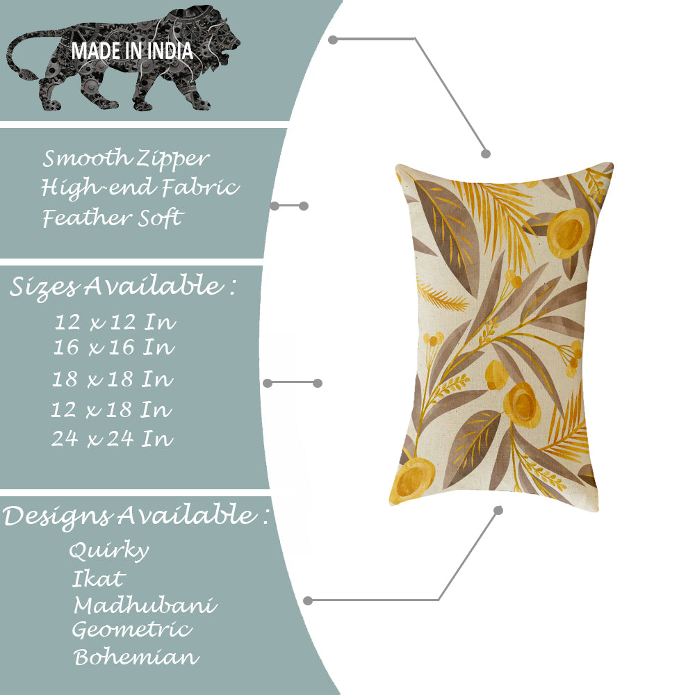 Yellow & Grey Floral Printed Canvas Cotton Rectangular Cushion Covers, Set of 2