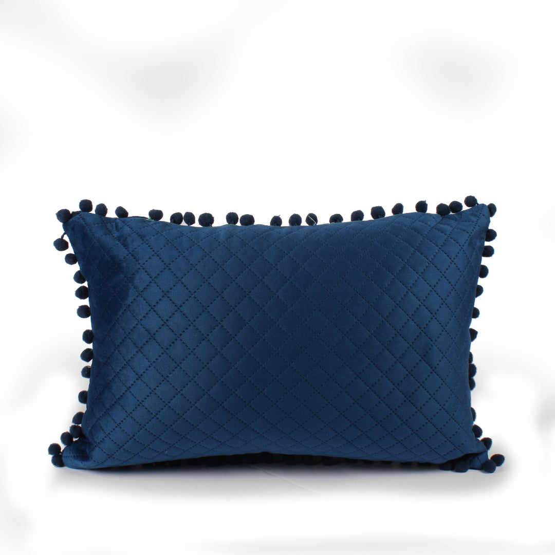 Both Side with PomPom Quilted Velvet Rectangular Cushion Cover (Set of 2), Blue