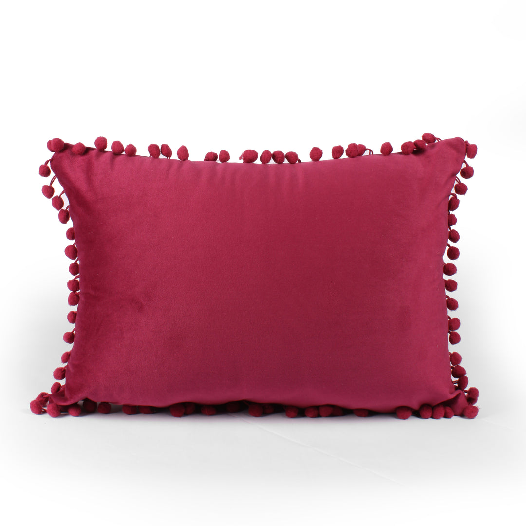Velvet Cushion Covers Adorned With Pom Poms Rectangular Set of 2 ,Maroon