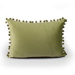Load image into Gallery viewer, Velvet Cushion Covers Adorned With Pom Poms Rectangular Set of 2 ,Mehndi
