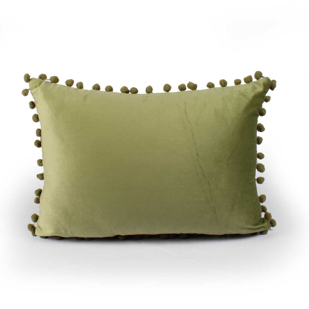 Velvet Cushion Covers Adorned With Pom Poms Rectangular Set of 2 ,Mehndi