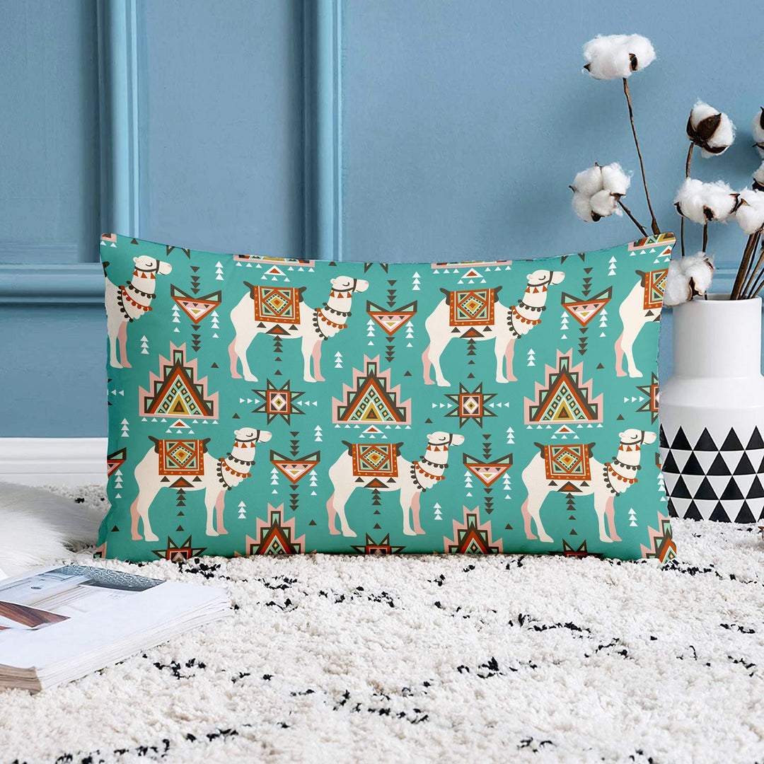 Ethnic Camel Printed Cotton Canvas Rectangular Cushion Cover Set of 2 ( 12 x 18 Inches )
