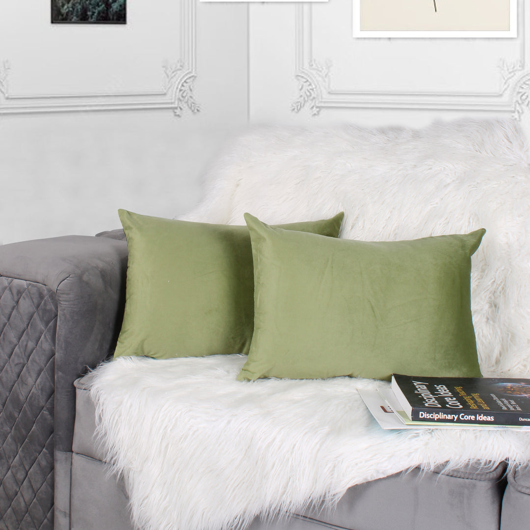 Soft Luxurious Velvet Cushion Covers Rectangular Set of 2 ,Mehndi