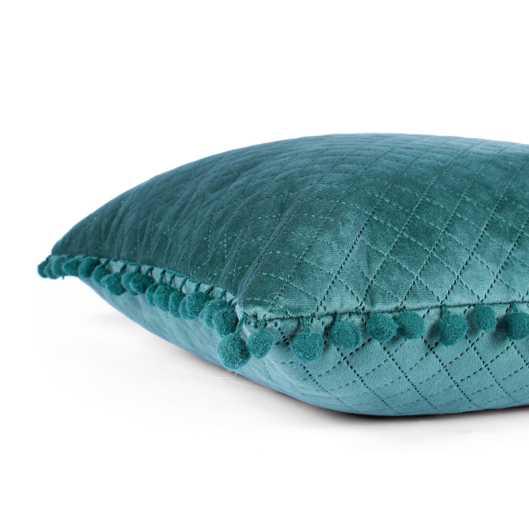 Both Side with PomPom Quilted Velvet Rectangular Cushion Cover (Set of 2), Green