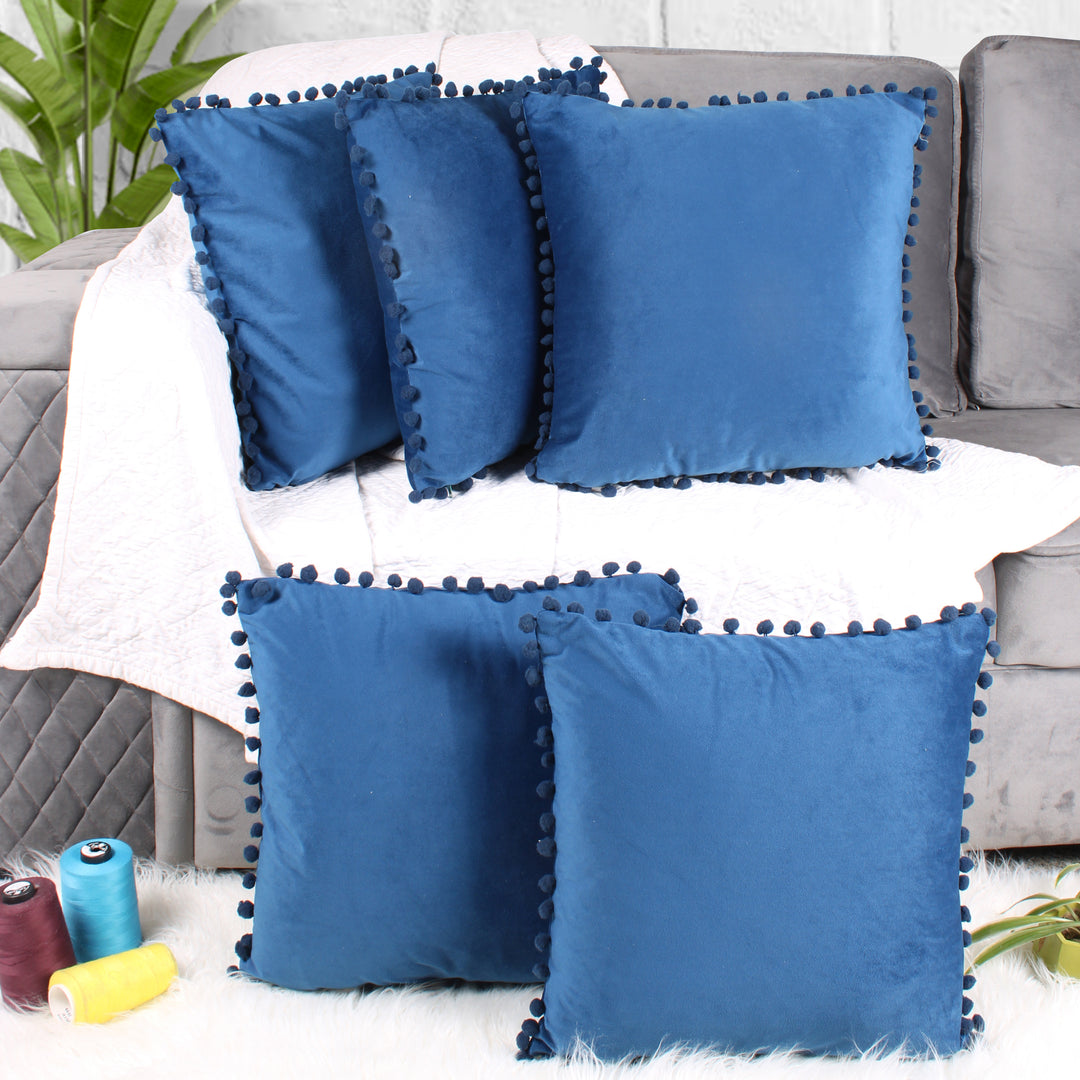 Velvet Cushion Covers Adorned With Pom Poms Set of 5, Blue