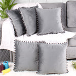 Load image into Gallery viewer, Velvet Cushion Covers Adorned With Pom Poms Set of 5, Grey
