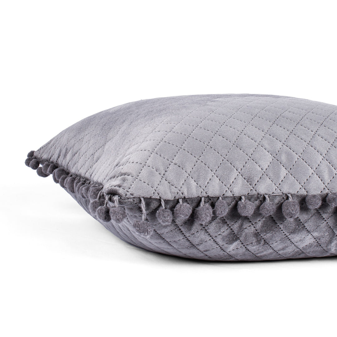 Both Side with PomPom Quilted Velvet Rectangular Cushion Cover (Set of 2), Grey