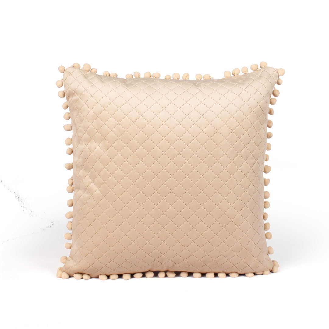 Both Side with PomPom Quilted Velvet Cushion Cover (Set of 2), Beige