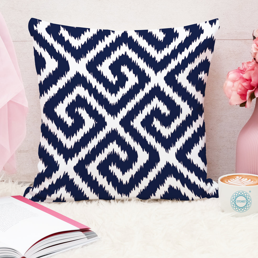 Ikat Blue Geometric Printed Cotton Canvas Cushion Cover Pack of 5