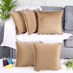 Load image into Gallery viewer, Velvet Cushion Covers Adorned With Pom Poms Set of 5, Brown