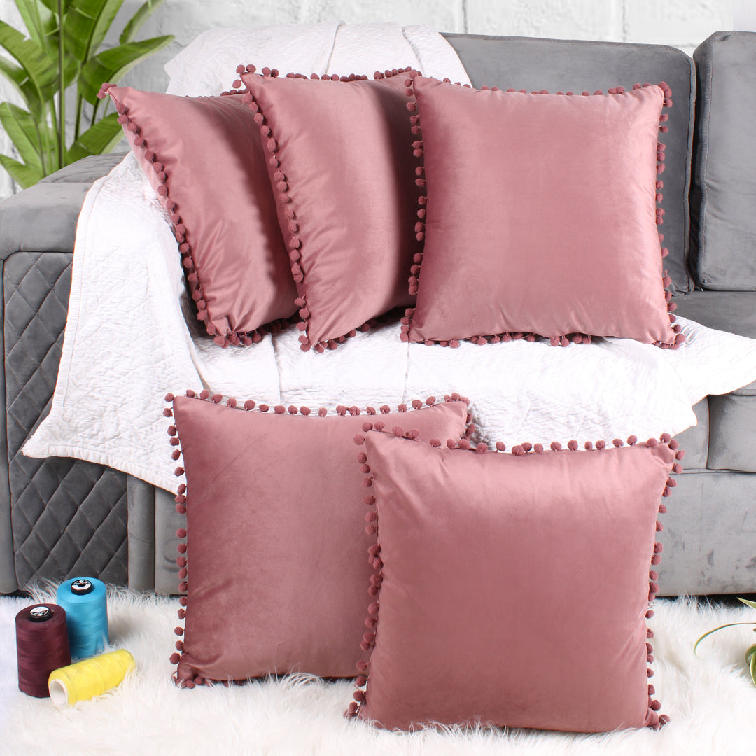 Velvet Cushion Covers Adorned With Pom Poms Set of 5, Peach