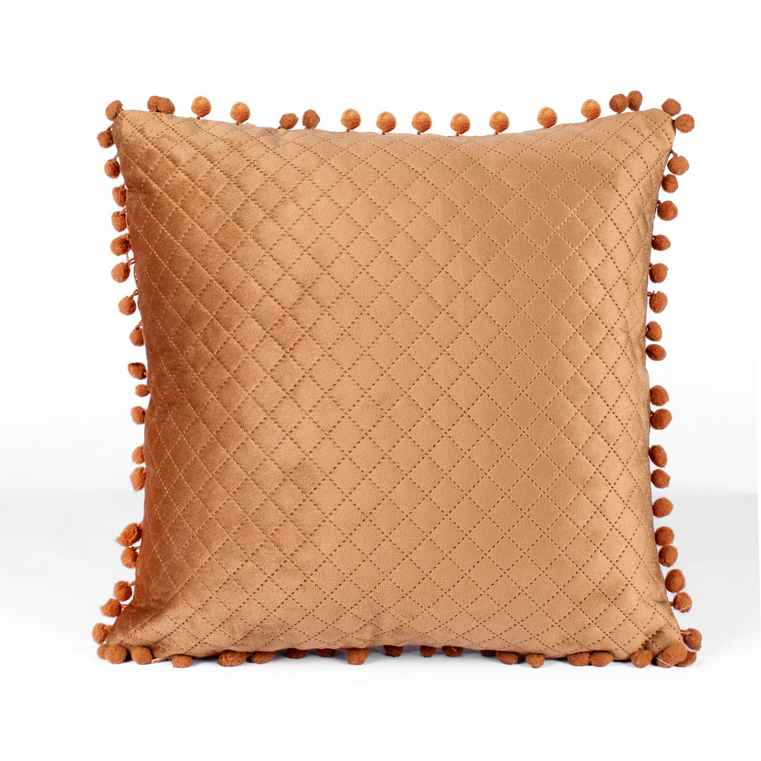 Both Side with PomPom Quilted Velvet Cushion Cover (Set of 5), Brown