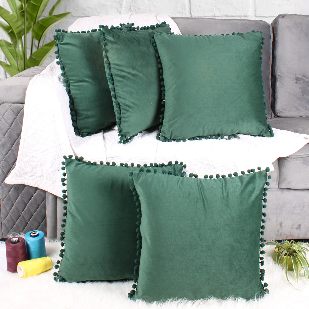 Velvet Cushion Covers Adorned With Pom Poms Set of 5, Green